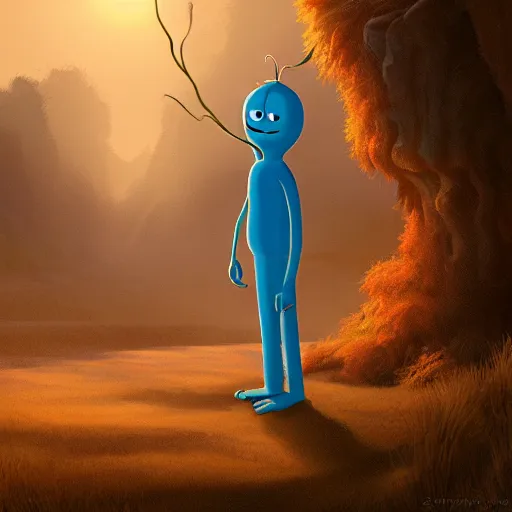 Image similar to portrait of jesus and (photorealistic version of mr meeseeks), golden hour, detailed matte painting, cinematic, in the style of Simon Dewey, artstation,