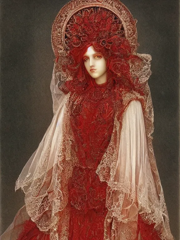 Image similar to a beautiful render of a catholic veiled red queen with symmetry intricate detailed ,pray,by Andrei Riabovitchev,Enchanted doll,Lawrence Alma-Tadema,aaron horkey,Billelis,trending on pinterest,hyperreal,feminine,golden ratio,cinematic lighting