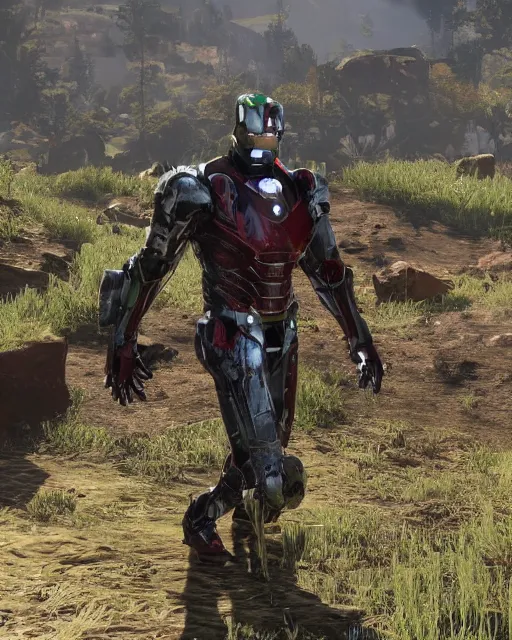 Image similar to green iron man suit in red dead redemption 2, cinematic, photorealistic