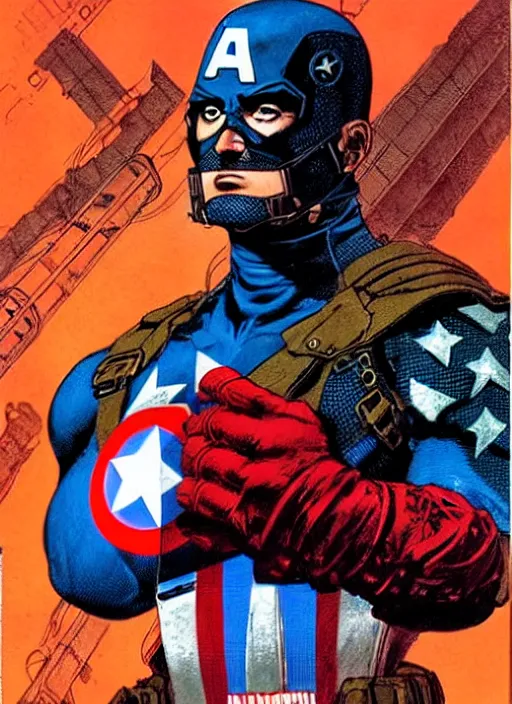 Image similar to captain america as a cyberpunk mercenary. portrait by clyde caldwell and jean giraud and anton otto fischer and john philip falter and will eisner and gil elvgren