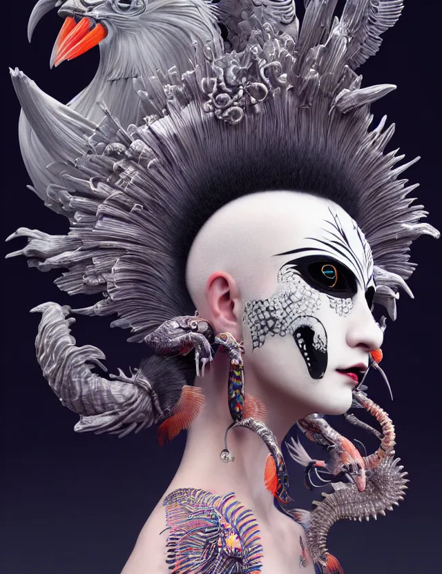 Image similar to 3 d goddess close - up profile portrait punk with mohawk with ram skull. beautiful intricately detailed japanese crow kitsune mask and clasical japanese kimono. betta fish, jellyfish phoenix, bio luminescent, plasma, ice, water, wind, creature, artwork by tooth wu and wlop and beeple and greg rutkowski