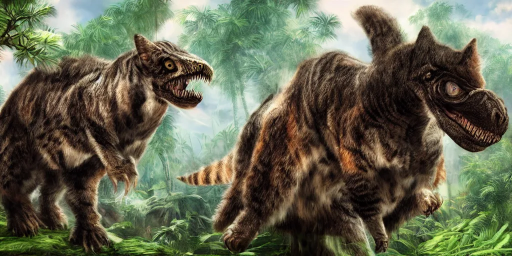 Prompt: photo realism, cat sitting on very fluffy tyrannosaurus rex, jungle background, 4 k, detailed