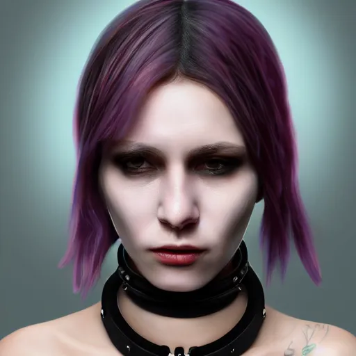 Image similar to detailed realistic female character cyberpunk wearing thick steel collar around neck, realistic, art, beautiful, 4K, collar, choker, collar around neck, punk, artstation, detailed, female, woman, choker, cyberpunk, neon, punk, collar, choker, collar around neck, thick collar, choker around neck, wearing choker, wearing collar,