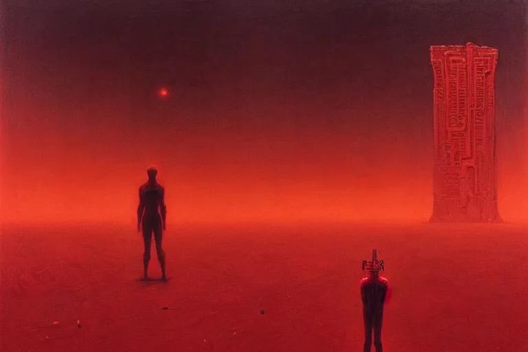 Image similar to only with red, a red god of death eat apple, a futuristic city on mars in background, floor are worms, in the style of beksinski, part by hopper, part by rodcenko, part by hofbauer, intricate composition, red by caravaggio, insanely quality, highly detailed, masterpiece, red light, artstation