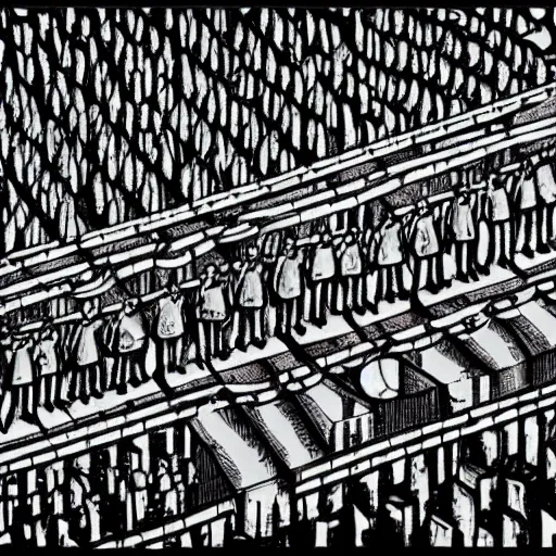 Prompt: a dystopian earth when humans are ruled by a large pointing finger and there are rows of people in shackles going to office jobs