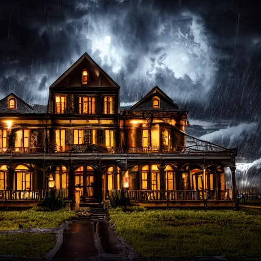 Image similar to a taxidermized horror mansion, in a lighting storm, portrait, 4 k, 8 0 mm,