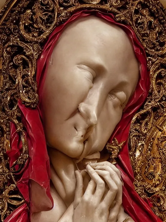 Prompt: a beautiful render of baroque catholic veiled sculpture, the red queen pieta, with symmetry intricate detailed,by LEdmund Leighton, peter gric,aaron horkey,Billelis,trending on pinterest,hyperreal,jewelry,gold,intricate,maximalist,glittering,golden ratio,cinematic lighting