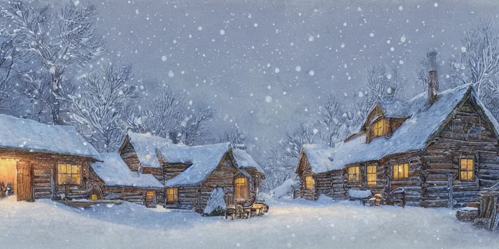 Image similar to a warm cabin in the snow, winter wonderland, cozy, nostalgia, Christmas, warmness, artwork in the style of Alan Lee