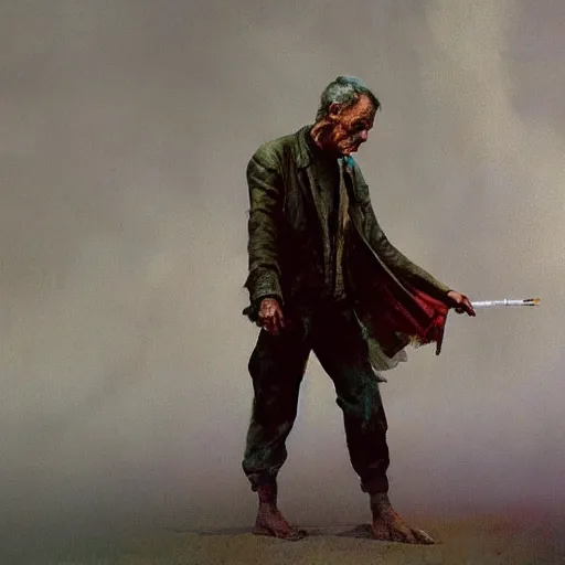 Image similar to a highly detailed epic cinematic concept art CG render digital painting artwork costume design: Henry Fonda as a 1950s tired disillusioned poet, barefoot, smoking a cigarette. volumetric lighting. By Greg Rutkowski, in the style of Francis Bacon and Syd Mead and Norman Rockwell and Beksinski, open ceiling, highly detailed, painted by Francis Bacon and Edward Hopper, painted by James Gilleard, surrealism, airbrush, Ilya Kuvshinov, WLOP, Stanley Artgerm, very coherent, triadic color scheme, realistic facial expression, art by Takato Yamamoto and James Jean