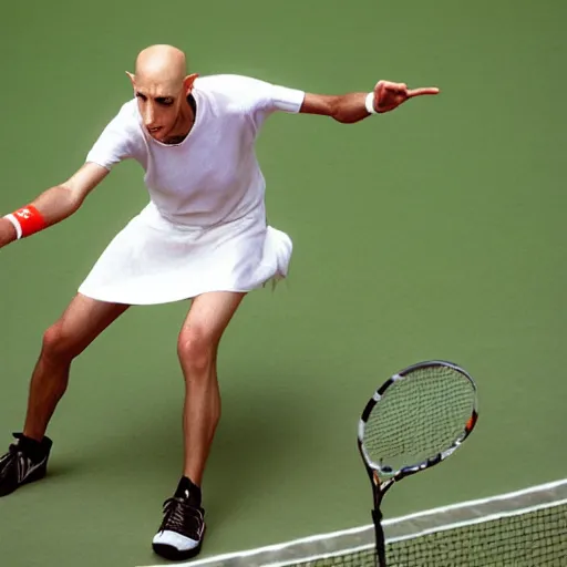 Image similar to portrait of nosferatu playing alone tennis in roland garros, sport photography