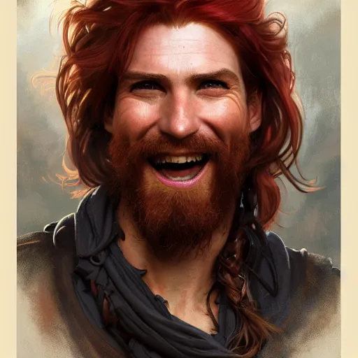 Image similar to portrait of a young ruggedly handsome but joyful pirate, male, masculine, upper body, red crimson hair, long hair, fantasy, giddy smirk, intricate, elegant, highly detailed, digital painting, artstation, concept art, matte, sharp focus, illustration, art by artgerm and greg rutkowski and alphonse mucha