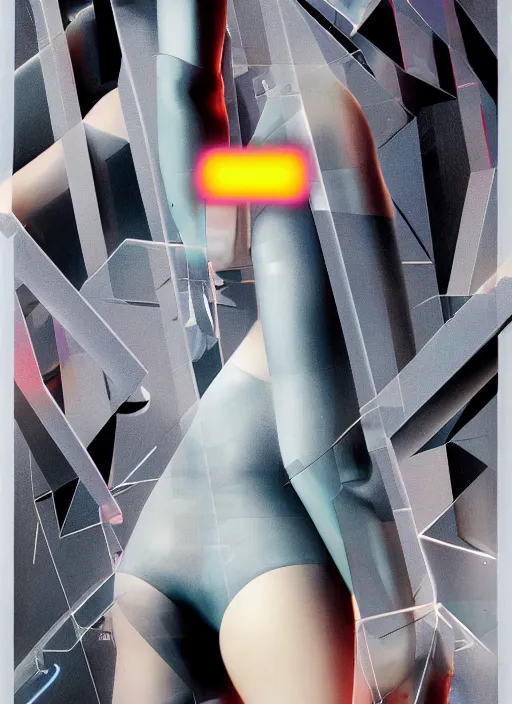 Image similar to futuristic fine lasers tracing, data visualization, cyberpunk bodysuit, tesseract, laserpunk, blindfold pyramid visor, rain, wet, oiled, sweat, girl pinup, by steven meisel, james jean and rolf armstrong, geometric cubist perfect geometry abstract acrylic and hyperrealism photorealistic airbrush collage painting with monochrome and neon fluorescent colors, 1 9 8 0 s eros