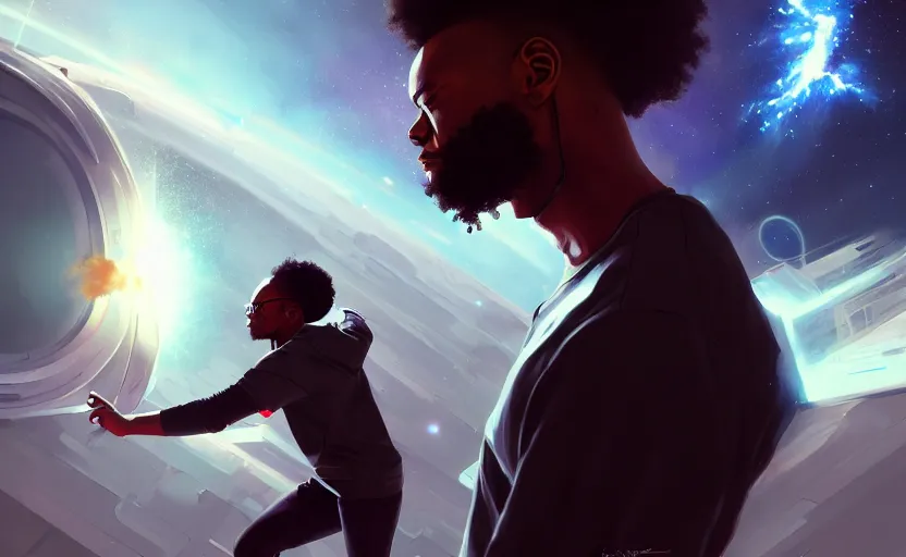 Image similar to handsome black genius hacking the metaverse, vr headset, white t - shirt and jordans, flying through spacetime, exploding nebulae, highly detailed, digital painting, artstation, concept art, smooth, sharp focus, illustration, art by wlop, mars ravelo and greg rutkowski