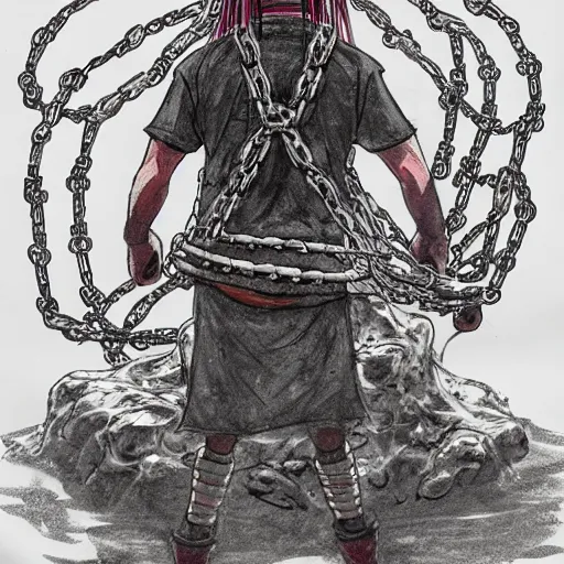 Image similar to A FULL BODY PORTRAIT FROM BEHIND OF MADARA UCHICHA ,THE MAN KEEPS A KUSARIGAMA AND IT IS WRAPPED IN CHAINS ,detailed, concept art, ink style , sketch