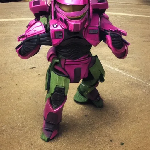 Image similar to cute master chief in pink armor holding a banana