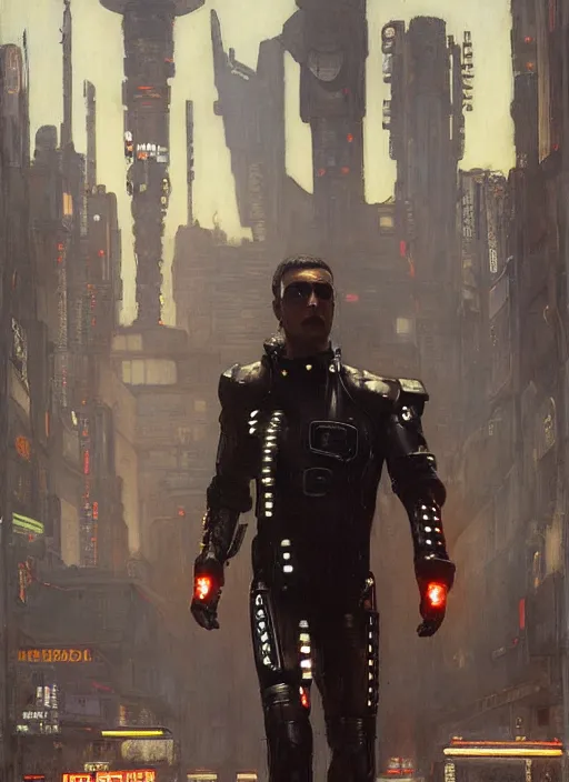 Image similar to menacing Cyberpunk policeman towering with robotic stilt legs. (Cyberpunk 2077, bladerunner 2049). Iranian orientalist portrait by john william waterhouse and Edwin Longsden Long and Theodore Ralli and Nasreddine Dinet, oil on canvas. Cinematic, vivid colors, hyper realism, realistic proportions, dramatic lighting, high detail 4k