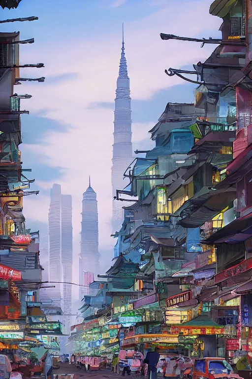 Image similar to hawker street with kuala lumpur twin towers in the background, evening, highly detailed matte painting, studio ghibli, artstation