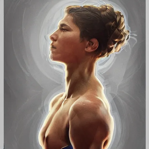 Image similar to full shot photo of UFC fighter, in the ring, cinematic, round about to start, intricate, elegant, highly detailed, digital painting, artstation, concept art, smooth, sharp, focus, illustration, art by artgerm and greg rutkowski and alphonse mucha