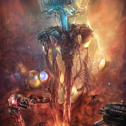 Image similar to phyrexian dreadnought plus borg queen hybrid with protomolecule vesicles being possessed by the machine spirit artists tram pararam and doctor seuss with beryl cook and hr giger neon high contrast cinematic light, mystical shadows, sharp focus, warhammer fourty k, octane render