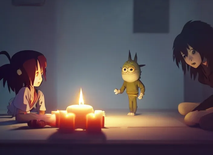 Image similar to a night scary sleepover, being lit by candles, medium shot, studio ghibli, pixar and disney animation, sharp, rendered in unreal engine 5, anime key art by greg rutkowski, bloom, dramatic lighting