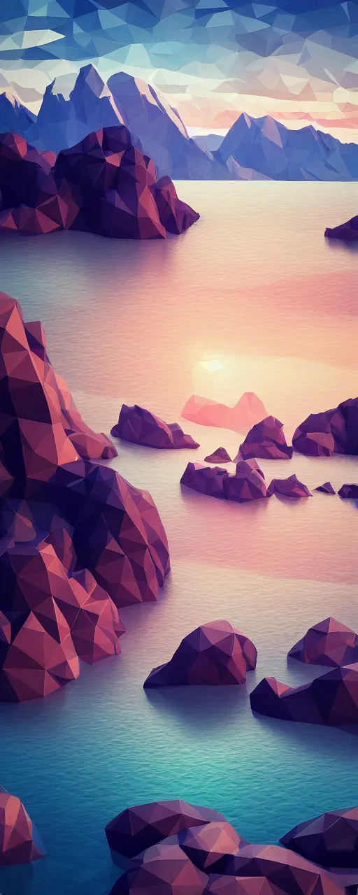 Image similar to super detailed color lowpoly art, northern sunset with rocks on front, monochrome photorealistic bay in the middle of perspective and mountains at background, big graphic ship in random point of bay, unreal engine, high contrast color palette, 3 d render, lowpoly, colorful, digital art, perspective