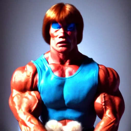 Prompt: Arnold Schwarzenegger dressed as He-Man, ultra realistic movie frame, cinematic lighting