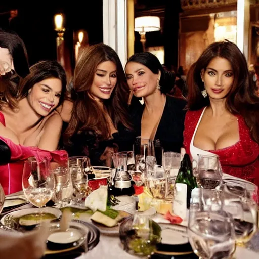 Image similar to candid group photo of sofia vergara, and salma hayek, and penelope cruz, and catherine zeta jones, and eva mendes, sitting around a long table at a dinner, laughing