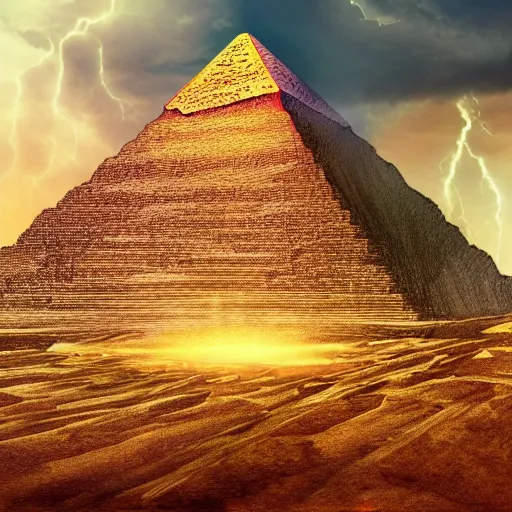 Image similar to Helios muscular god, red fire eyes, guarding the pyramid of Cheops, dessert, ancient world, realistic, god, dramatic lightning, very detailed, concept art,