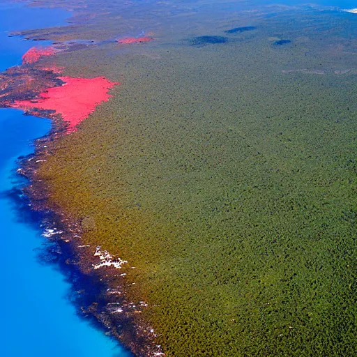 Prompt: an aerial shot of an island with plateaux, red mountain peaks, and fertile lowlands surrounded by deep blue ocean with visible corals