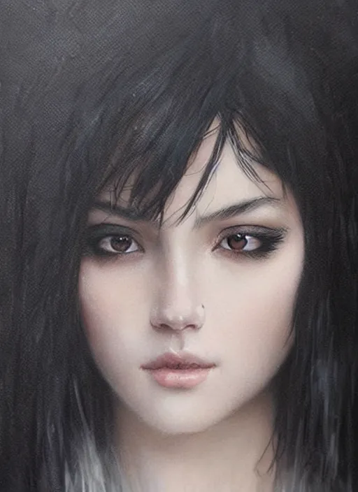 Prompt: a teenage girl with very short black hair and a huge cloak made of feathers in shades of light and dark grey. beautiful highly detailed face. beautiful painting by artgerm and greg rutkowski and raymond swanland