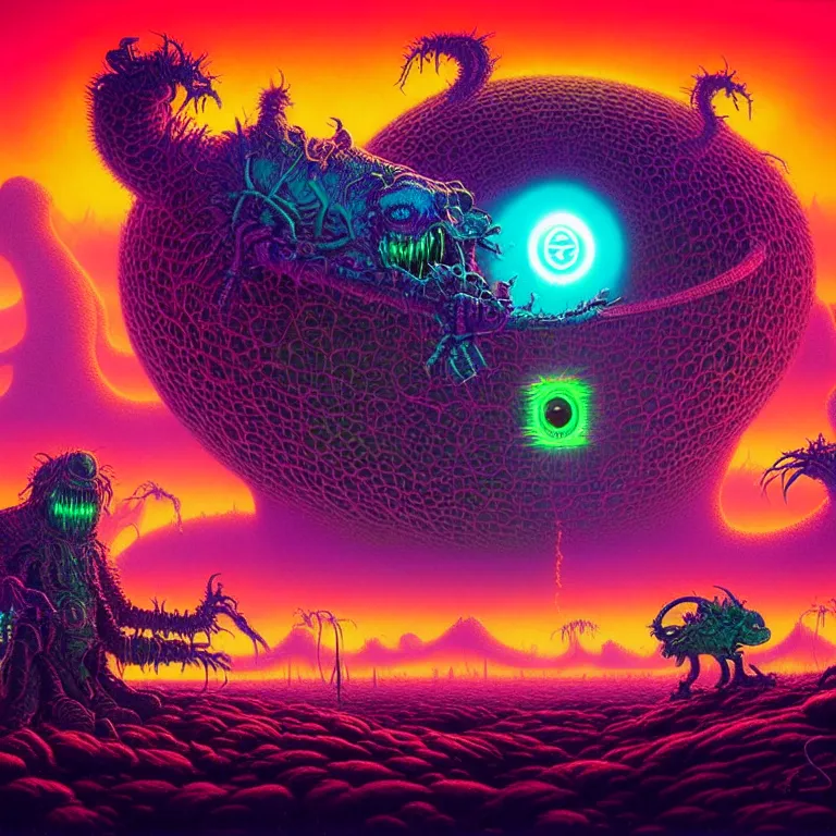 Image similar to aggrgoth styled, strange mysterious creatures, infinite quantum portal, synthwave, bright neon colors, highly detailed, cinematic, panoramic, tim white, michael whelan, roger dean, bob eggleton, chris foss, vladimir kush, kubrick, kimura, isono