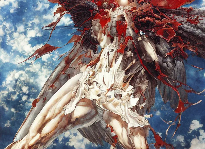 Prompt: monumental angel by yoshitaka amano, katsuhiro otomo, and erik jones, inspired by akira anime, smooth texture, intricate oil painting, high detail illustration, sharp high detail, manga and anime 1 9 9 9