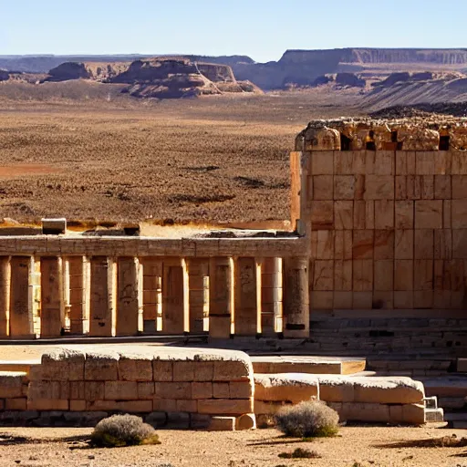 Image similar to ancient Greek Babylonian temple carved into the side of a desert Mesa