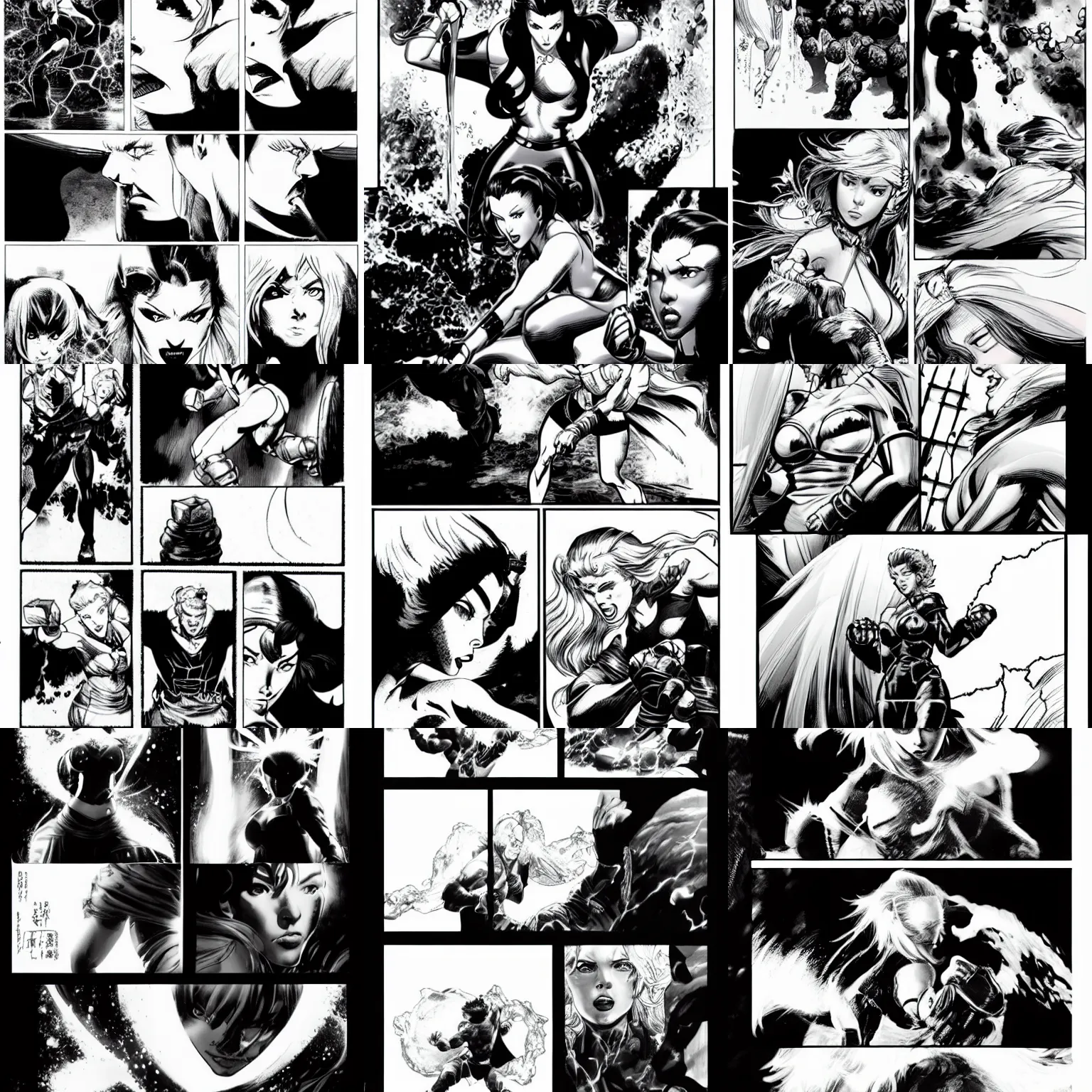 Prompt: symmetrical scarlett johansson, punching through ice blocks! scenes by david finch and frank frazetta, black and white, afro samurai manga style