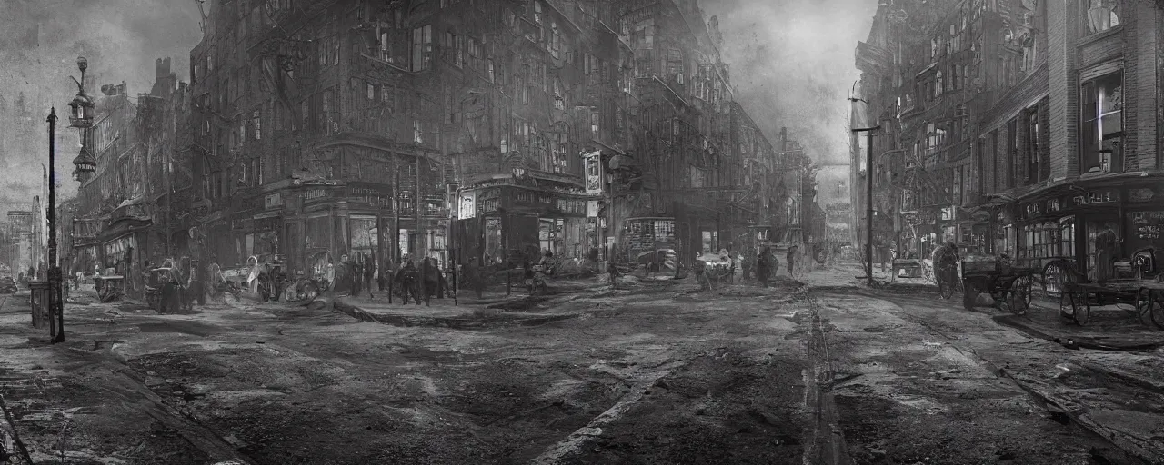 Image similar to whitechapel 1888, very dark and intense, trending on artstation, 8K, ultra wide angle, pincushion lens effect