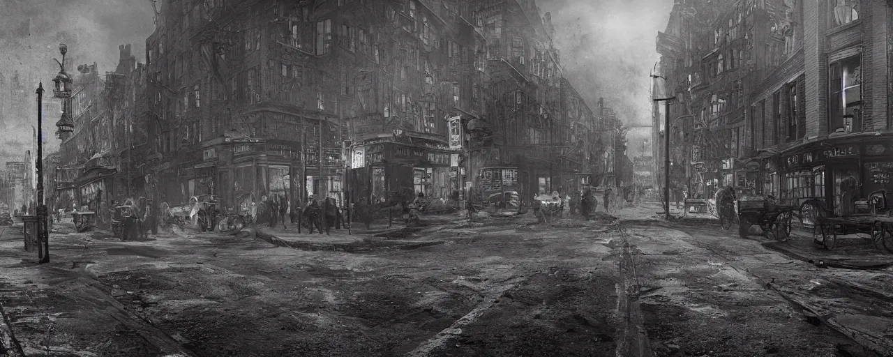 Prompt: whitechapel 1888, very dark and intense, trending on artstation, 8K, ultra wide angle, pincushion lens effect