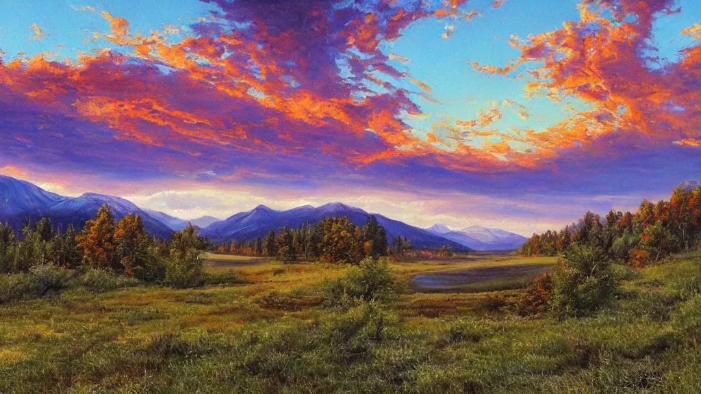 Image similar to The most beautiful panoramic landscape, oil painting, where the mountains are towering over the valley below their peaks shrouded in mist. The sun is just peeking over the horizon producing an awesome flare and the sky is ablaze with warm colors and mammatus clouds. The river is winding its way through the valley and the trees are starting to turn yellow and red, by Greg Rutkowski, aerial view
