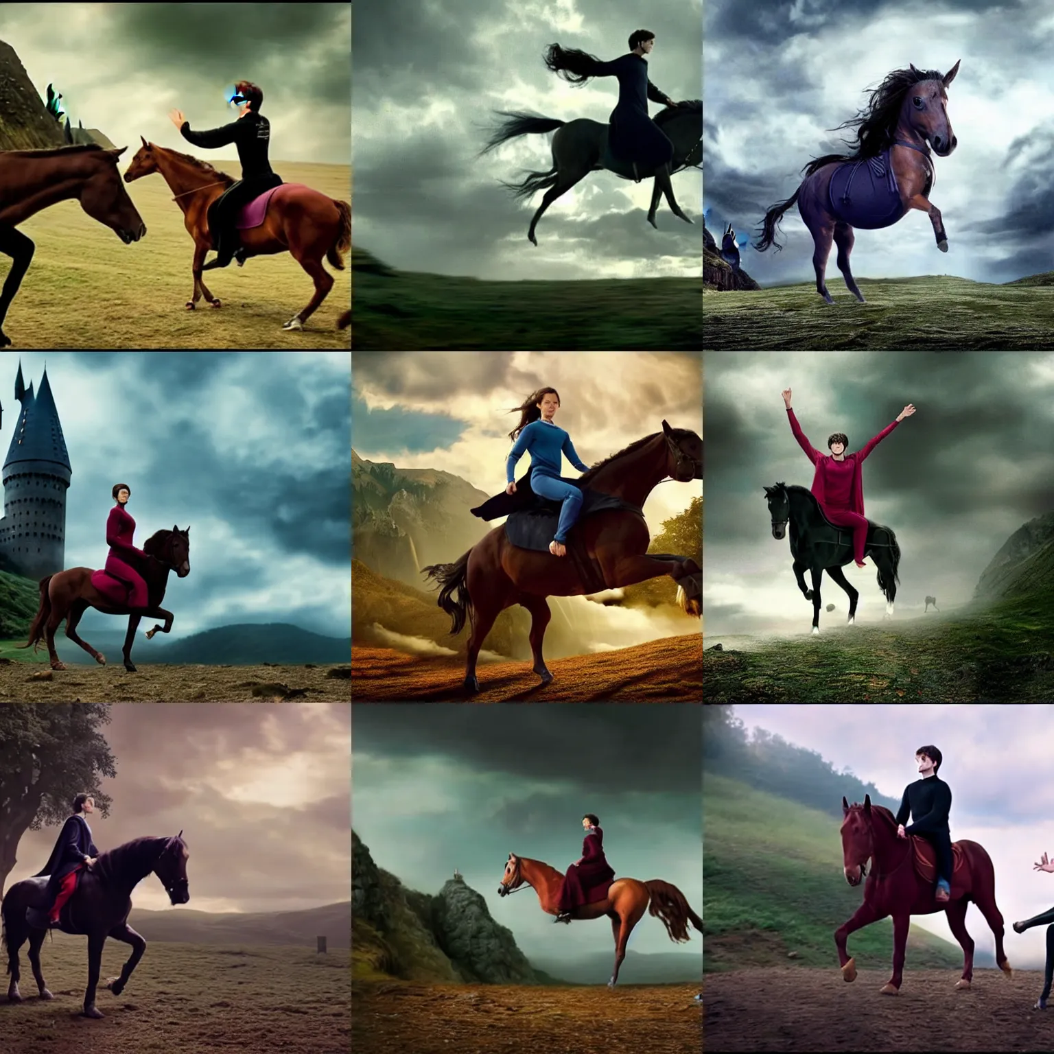 Prompt: harry potter in yoga suit on a horse, cinematic establishing shot, magical colours and atmosphere, perfect coherent composition, super realistic, professional photography 1 6 k