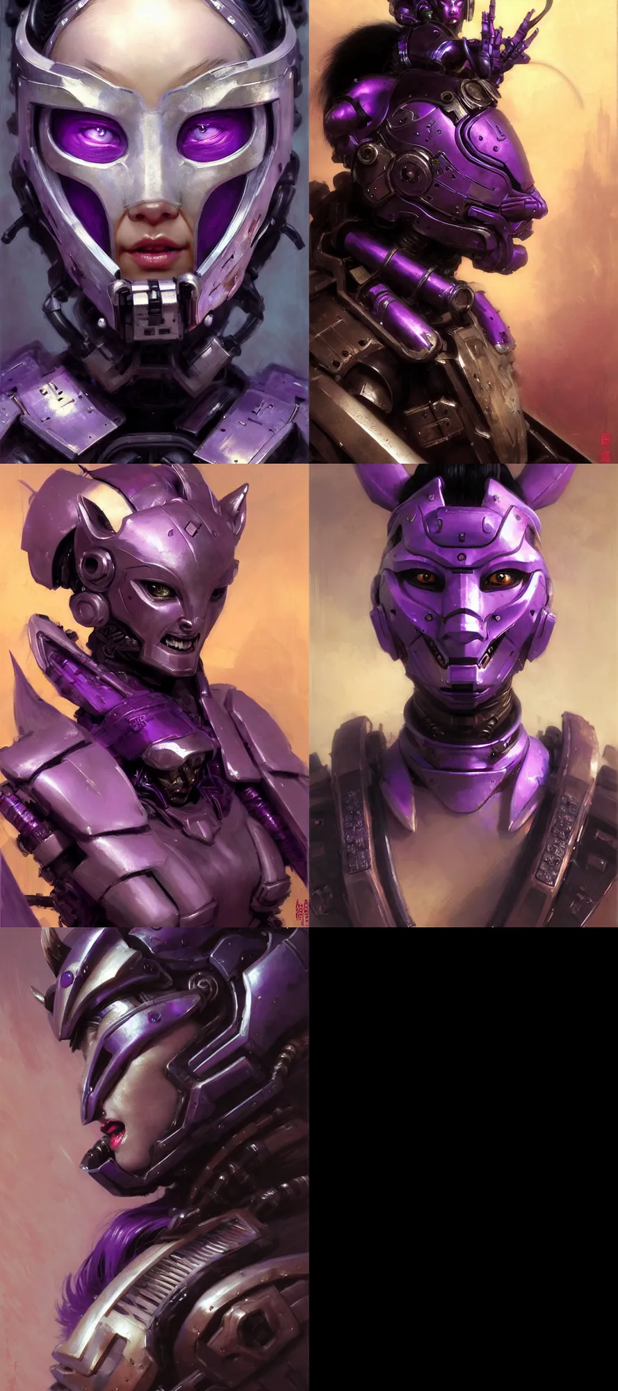 Prompt: extreme close up, facial portrait, half - chinese woman with a long black ponytail in purple sci - fi armor, kitsune mask on head, mechanical armor, cybernetic hands, striking pose, portrait dnd, painting by gaston bussiere, craig mullins, greg rutkowski, yoji shinkawa