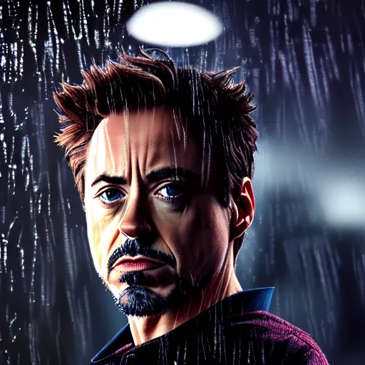 Prompt: photorealistic, hyperdetailed photograph portrait of robert downey junior, night, city, rain, dense fog, hd, 8 k resolution