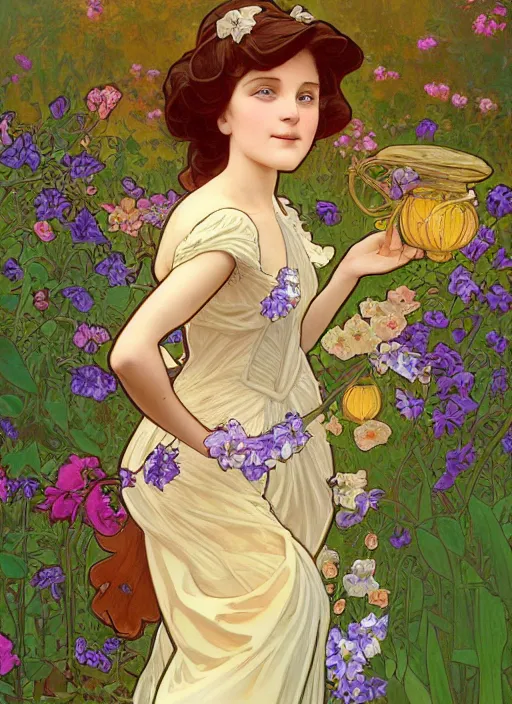 Image similar to well - lit art nouveau portrait of a 1 3 - year old girl wearing a sundress in a flower garden with lanterns at night, natural lighting, path traced, highly detailed, high quality, cartoon, digital painting, by don bluth and alphonse mucha and ross tran