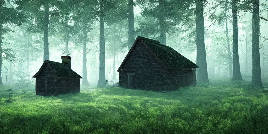 Image similar to lone cottage in the woods, 8k, fantasy, photorealistic, dramatic lighting