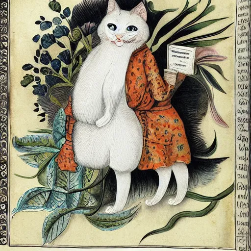 Prompt: Anthropomorphic cat doctor holding x-ray film, Storybook Illustration, by Maria Sibylla Merian