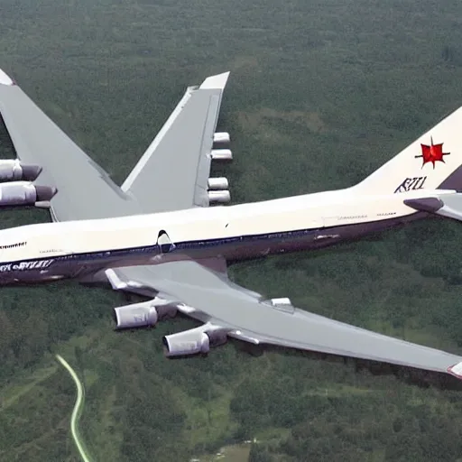 Image similar to boeing 7 4 7, weaponized, air to air missiles, minigun, military livery, combat ready