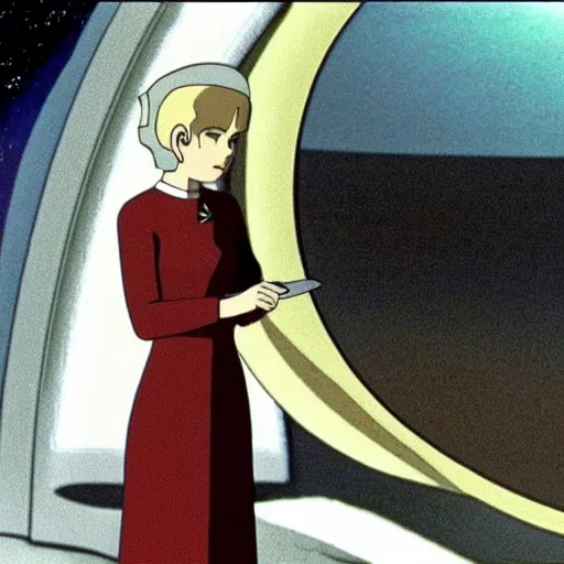 Image similar to movie still of star trek, woman in dress, studio ghibli