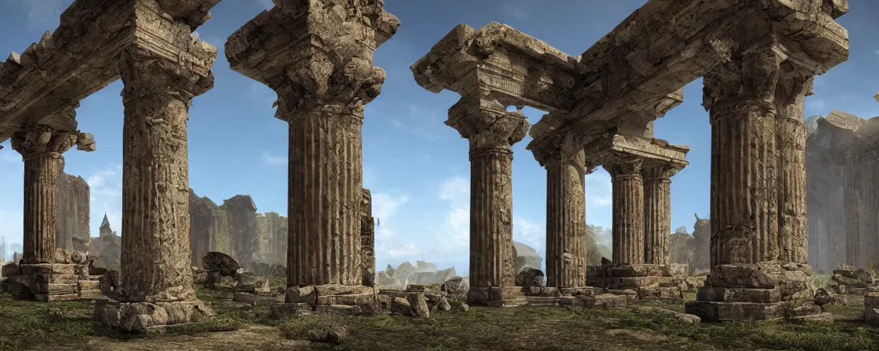 Image similar to !dream an ancient ruined temple of the old Pagan Gods, 8k hyper realistic, Photorealistic, rendered by Octane