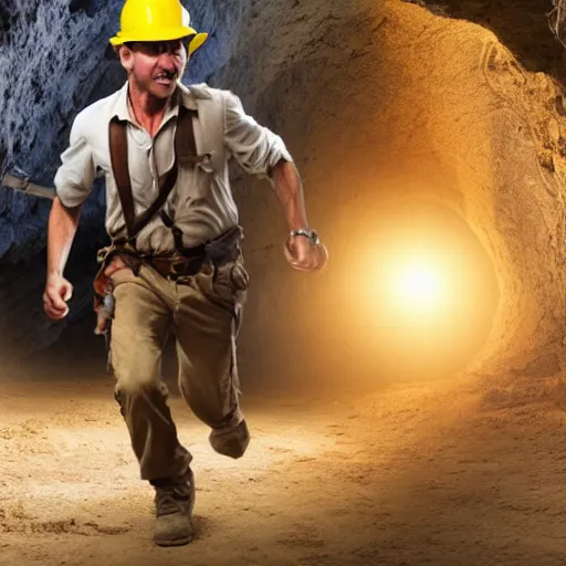 Image similar to indiana jones running away from a construction worker in a cave