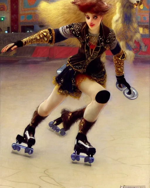 Prompt: white female anthro wolf skating at a roller derby, 4 k, furaffinity, trending on artstation, energetic, speed, motion blur, by gaston bussiere, sakimichan, j. c. leyendecker, gustav klimt, artgerm, greg rutkowski, alphonse mucha