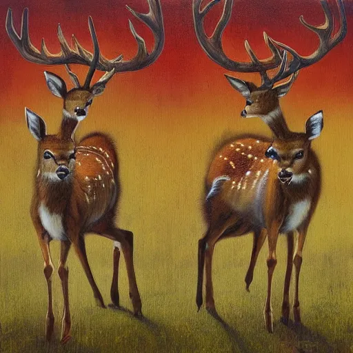 Image similar to a painting of deer in tiger skin and normal deer facing each other, their heads bowed towards ground by esao andrews