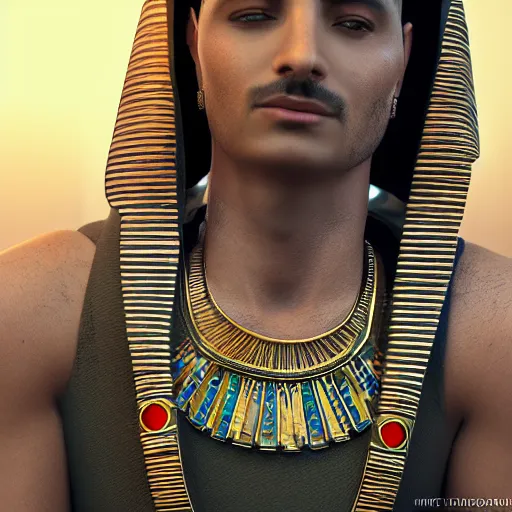 Image similar to a man in egyptian clothing wearing rings and jewlery on his neck, 8k resolution, serene, photorealistic, digital art, hyperdetailed, Unreal Engine, dynamic lighting, ultra detailed, trending on art station, concept art, stunning visuals, extreme detail